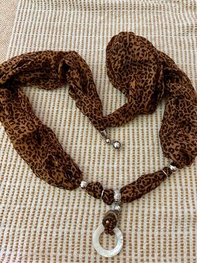 Leopard Print Scarf Necklace with Shell Pendant